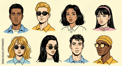 Diverse group of young adults and teens featuring various fashion styles and accessories, including sunglasses and hats, illustrating a variety of expressions and hairstyles.