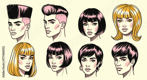 Eight illustrated hairstyles featuring diverse young individuals with various haircuts, including mohawk, bob, and pixie, showcasing unique styles and flair.