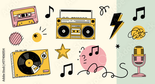 Retro-themed graphic featuring a cassette tape, boombox, turntable, and microphone surrounded by musical notes and stars.