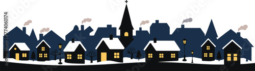 Cozy winter night urban skyline silhouette vector illustration small houses street lamps church