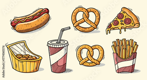 A colorful assortment of fast food items, including a hot dog, two pretzels, a pizza slice, fries, a drink cup with a straw, and a container of dough balls.