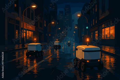 Autonomous delivery robots navigate a wet, dimly lit urban street at night, reflecting city lights on their sleek exteriors.