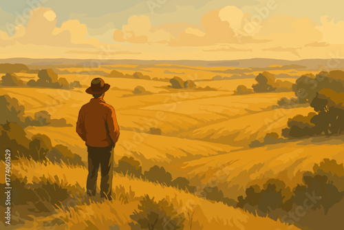 A solitary male figure wearing a hat stands on a hillside, overlooking vast, rolling, golden fields under a cloudy sky.