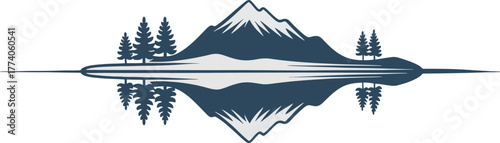 Stylized Mountain Lake Reflection Snow Peaks Pine Trees Simple Vector Graphic Design