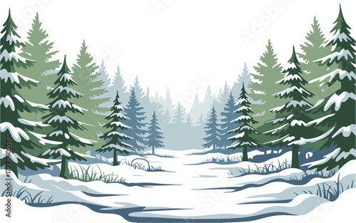 Wide winter forest vista vector illustration snowy ground path leading into dense woods