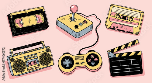 Retro-themed illustration depicting a collection of vintage items including a vhs tape, cassette tape, video game controller, joystick, boombox, and film clapperboard.