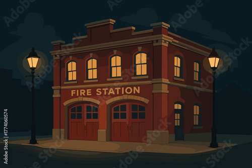 Red brick old-fashioned fire station with glowing windows and twin street lamps in a nighttime setting.