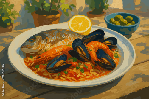 A plate of seafood paella garnished with a lemon slice, featuring a whole fish, mussels, and prawns, served on a rustic wooden table with a small bowl of green olives.