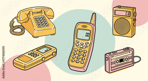 Vintage electronic devices collection featuring a rotary phone, early mobile phone, portable radio, cassette player, and retro beeper.