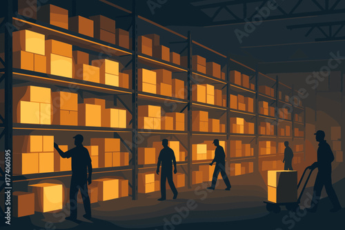 Silhouetted workers in a dimly lit warehouse maneuver around stacks of glowing boxes, highlighting teamwork in distribution logistics.