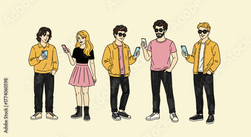 Group of diverse young adults, consisting of four males and one female, using smartphones and wearing casual clothing, smiling and interacting socially.