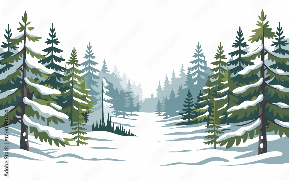 Obraz premium Winter forest landscape vector illustration snowy path receding into misty dense woods