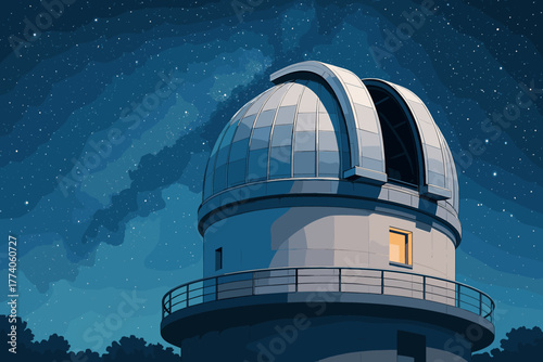 Large dome-shaped observatory under a starry night sky with an open roof for stargazing.