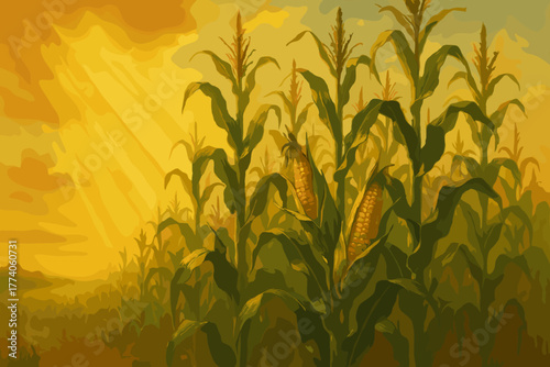Cornfield with tall stalks and ripe ears of corn basking in the warm, golden sunlight at dusk.