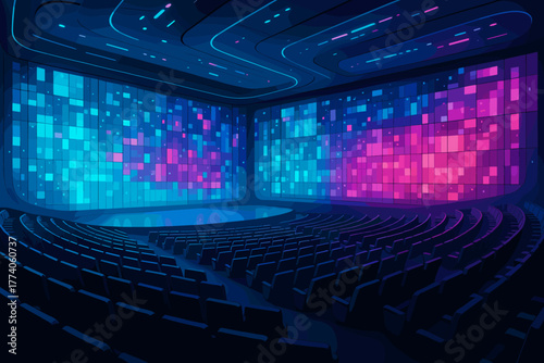 A modern auditorium with curved seating facing two large digital screens displaying vibrant blue and pink pixelated patterns.