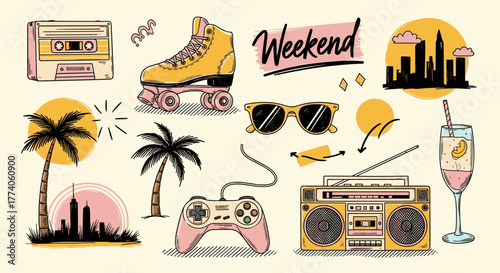 Vintage-themed collage featuring a cassette tape, roller skate, city skyline, palm trees, sunglasses, joystick, and boombox, symbolizing a retro weekend vibe.