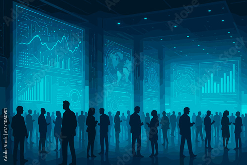 Silhouettes of diverse adults in a futuristic data center filled with multiple digital screens displaying graphs and world maps in a blue-lit environment.