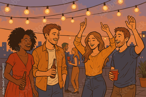 Group of diverse young adults enjoying a rooftop party at sunset with string lights above and drinks in hand.