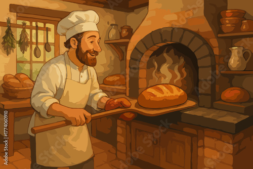 Caucasian male baker in a traditional kitchen, wearing a white chef's hat and apron, placing freshly baked bread into a rustic stone oven.