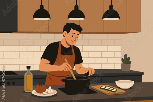 Young hispanic male cooking in a modern kitchen under pendant lights, stirring ingredients in a pot with prepared vegetables on the counter.