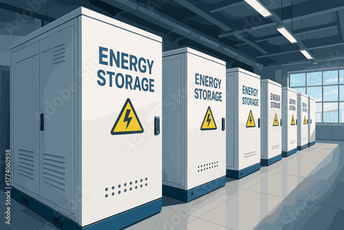 Modern indoor facility showcasing a row of advanced energy storage units with warning symbols, arranged neatly along a corridor.