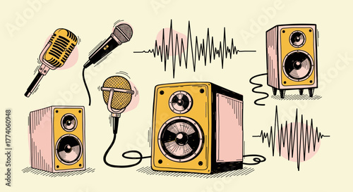 Hand-drawn microphones and speakers with sound wave illustrations convey a vintage audio theme in a light beige setting.
