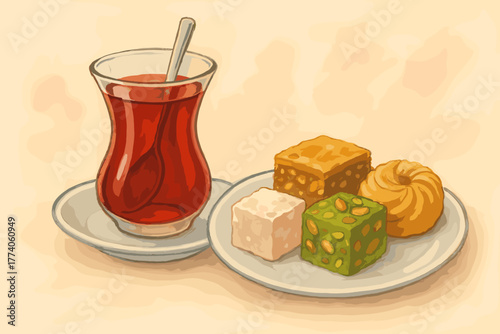 Glass of turkish tea with a spoon and a plate of assorted traditional sweets, including baklava and turkish delight.