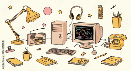 Vintage office setup with desktop computer, crt monitor, lamp, typewriter, and various work items, showcasing retro technology and decor.