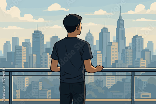 Young asian male standing on a balcony, gazing at a modern city skyline with tall skyscrapers under a cloudy sky.