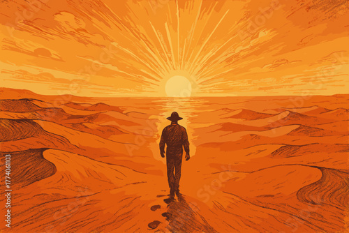 Silhouetted figure wearing a hat walking across sand dunes towards a vibrant, setting sun on the horizon.