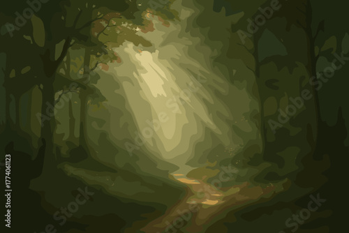 Sunlight filters through trees, illuminating a serene forest path with soft, dappled lighting.