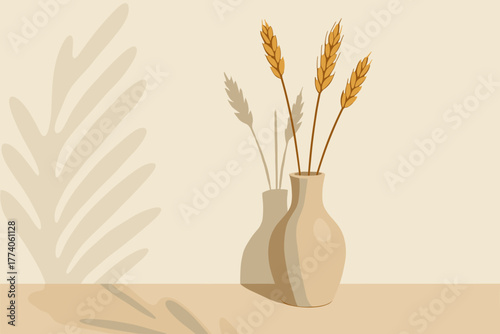 Beige ceramic vase with dried wheat stalks casting delicate shadows on a neutral surface.