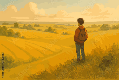 Young male viewing vast golden fields under a soft, cloudy sky, wearing a backpack and casual attire.
