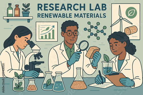 Diverse group of adult researchers studying renewable materials in a laboratory setting, examining samples and recording observations.