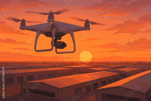 A quadcopter drone equipped with a camera hovers above industrial rooftops during a stunning orange sunset, casting shadows over the structures below.