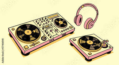 Illustrated retro-style dj setup with two turntables and a pair of pink headphones on a pastel background.