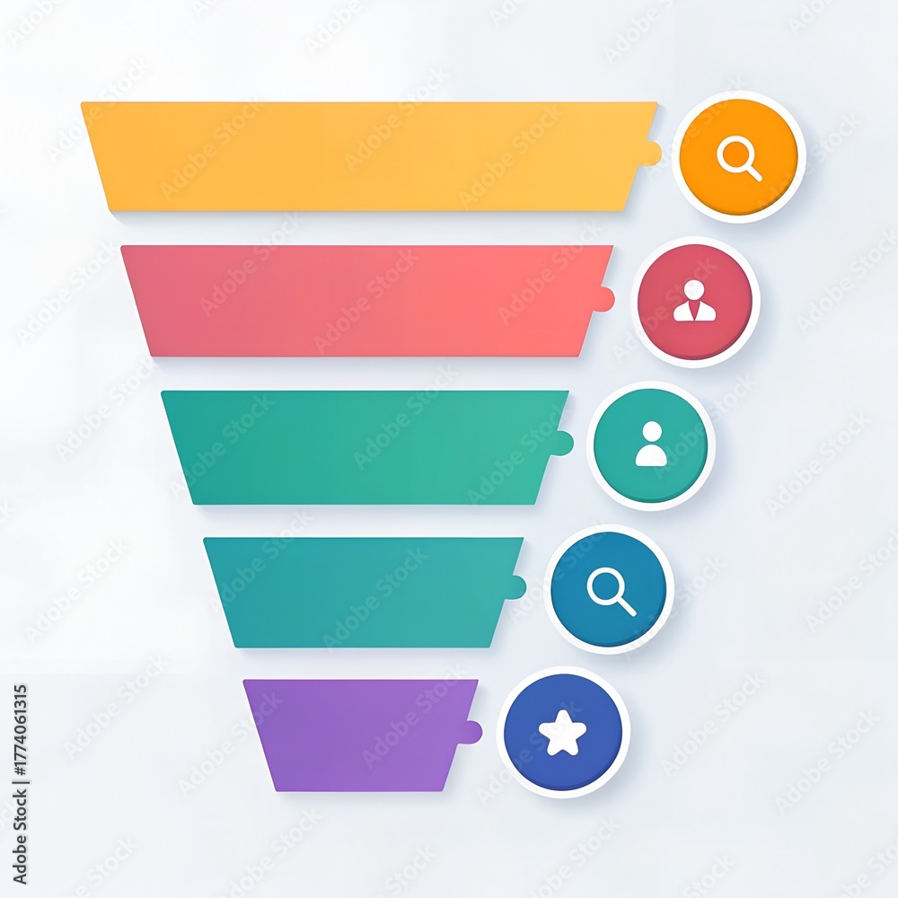 Fototapeta premium Colorful sales funnel infographic with icons representing stages