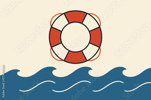 Simple illustration of a red and white lifebuoy floating above stylized blue ocean waves on a beige background.