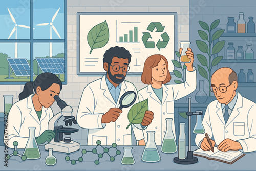 A diverse group of scientists in a laboratory conducting research on renewable energy, analyzing plant samples, and documenting findings for sustainable environmental solutions.