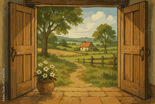 Open wooden doors reveal a picturesque countryside view with a distant farmhouse, lush green fields, and a path, complemented by a potted plant with white flowers.