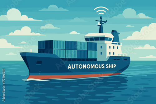 Blue cargo ship marked with "autonomous ship" sails on calm ocean waters under a cloudy sky, symbolizing advanced maritime technology.