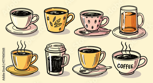 Hand-drawn style illustration featuring various coffee cups and mugs in different designs, including polka dots, leaves, and steam rising from the beverages.