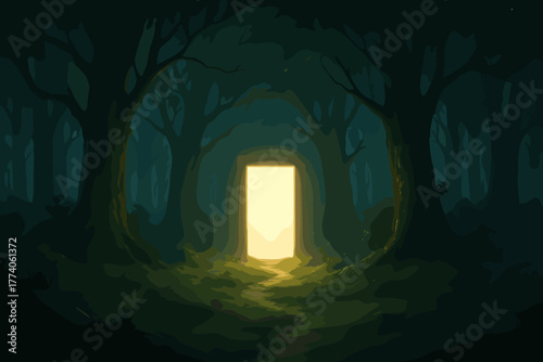 A bright, glowing rectangular portal emits a soft yellow light in the center of a dark, dense forest with silhouetted trees.