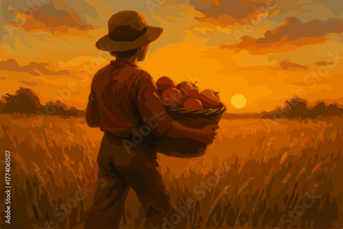 Young male farmer holding a basket of apples gazes at a vibrant sunset in a golden wheat field.