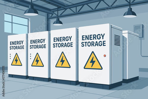 Row of modern energy storage units with warning symbols in a brightly lit industrial facility showcasing efficient power management solutions.