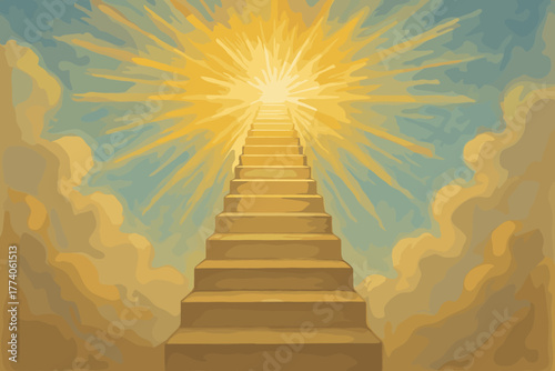 Majestic staircase leading to a radiant light surrounded by vibrant clouds, symbolizing ascension and divine enlightenment.