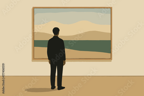 Caucasian male adult in a black suit observes a large abstract landscape painting in a gallery space.
