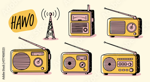 A collection of various vintage radios with dials, antennas, and a transmission tower, rendered in a retro style with beige and yellow tones.