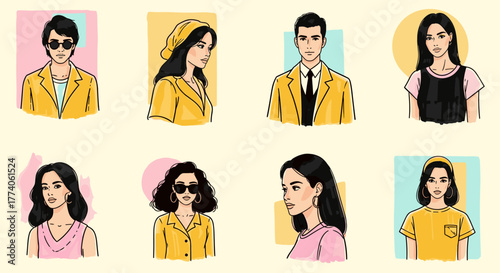 Artistic portraits of diverse young adults in various stylish outfits, each against a colorful geometric background.