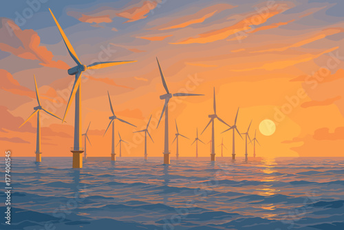 Offshore wind turbines standing in a row against a vibrant sunset sky, reflecting on the calm ocean waters.